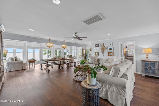 938 E Bayside Dr, Chocowinity, NC 27817 - living area featuring dark wood-style floors, crown molding, a ceiling fan, and recessed lighting