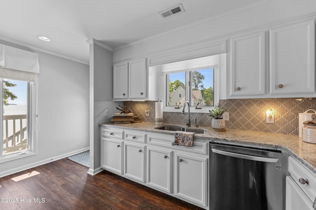 938 E Bayside Dr, Chocowinity, NC 27817 - kitchen featuring stainless steel dishwasher, dark wood-style flooring, decorative backsplash, white cabinets, and ornamental molding
