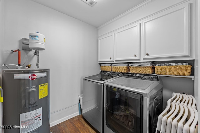 938 E Bayside Dr, Chocowinity, NC 27817 - laundry room with electric water heater, cabinet space, independent washer and dryer, dark wood-style floors, and ornamental molding