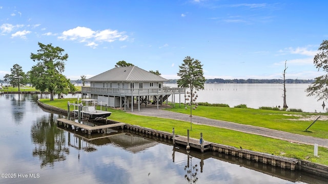 938 E Bayside Dr, Chocowinity, NC 27817 - dock featuring a deck with water view and stairway