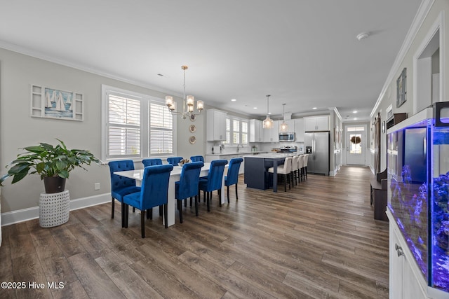 184 Twining Rose Ln, Holly Ridge, NC 28445 - dining space featuring ornamental molding, dark wood-style floors, a chandelier, and recessed lighting