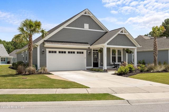 184 Twining Rose Ln, Holly Ridge, NC 28445 - view of front of property featuring a porch, a front yard, driveway, and an attached garage