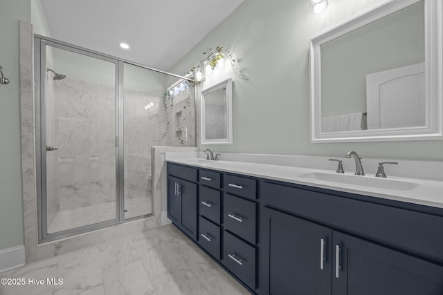 184 Twining Rose Ln, Holly Ridge, NC 28445 - full bathroom featuring marble look tiles, a marble finish shower, and double vanity