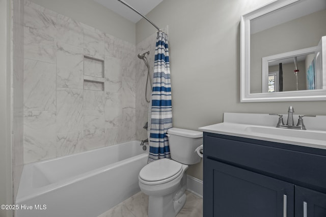 184 Twining Rose Ln, Holly Ridge, NC 28445 - full bathroom featuring shower / tub combo with curtain, vanity, and marble finish floors