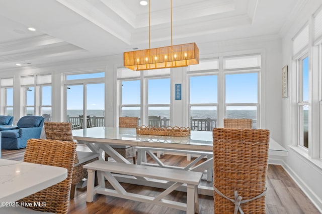 328 E First St, Ocean Isle Beach, NC 28469 - dining space featuring a tray ceiling, healthy amount of natural light, wood finished floors, and ornamental molding