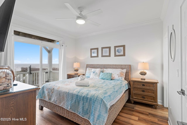328 E First St, Ocean Isle Beach, NC 28469 - bedroom featuring access to exterior, crown molding, wood finished floors, and a ceiling fan