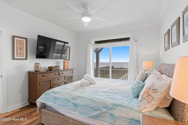 328 E First St, Ocean Isle Beach, NC 28469 - bedroom with access to outside, dark wood-style floors, ornamental molding, and ceiling fan