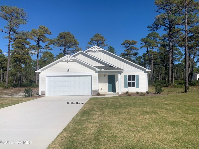 100 Carolina Rd, Boiling Spring Lakes, NC 28461 - single story home with a garage, a front yard, driveway, and board and batten siding