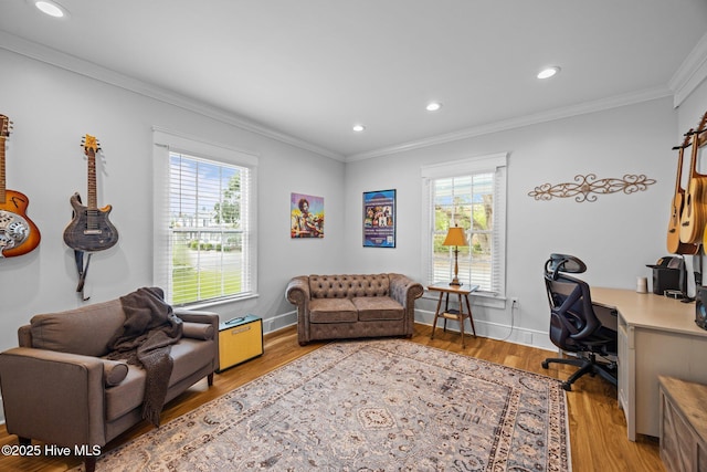 209 E Main St, Washington, NC 27889 - home office featuring plenty of natural light, ornamental molding, recessed lighting, and light wood-style floors