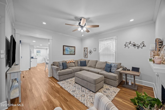 209 E Main St, Washington, NC 27889 - living area with ceiling fan, recessed lighting, light wood-type flooring, and ornamental molding
