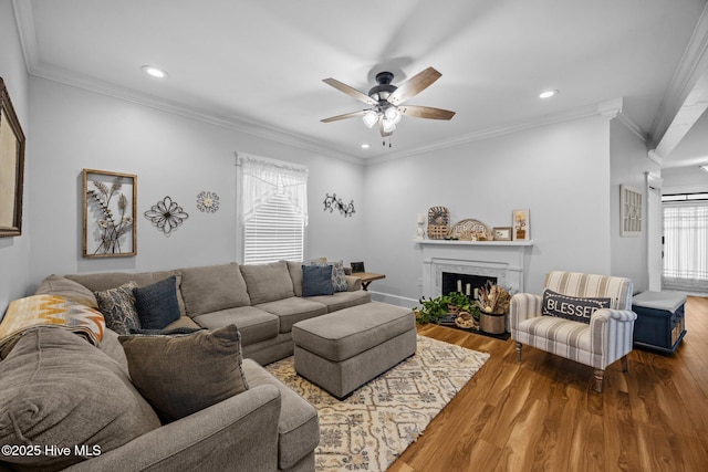 209 E Main St, Washington, NC 27889 - living area with a ceiling fan, wood finished floors, recessed lighting, ornamental molding, and a fireplace