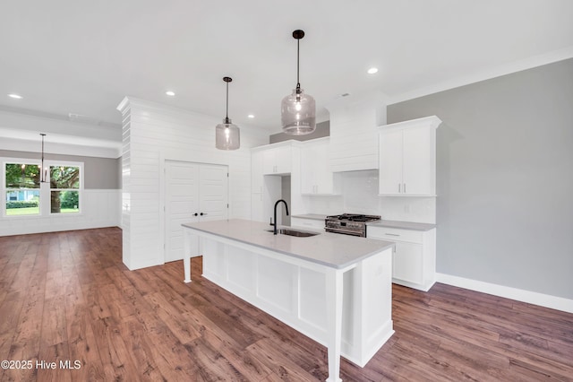 5988 Gray Squirrel Path, Southport, NC 28461 - kitchen with high end stove, light countertops, white cabinets, an island with sink, and wood finished floors