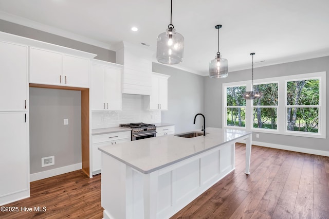 5988 Gray Squirrel Path, Southport, NC 28461 - kitchen featuring high end stainless steel range oven, white cabinetry, light countertops, a kitchen island with sink, and decorative backsplash