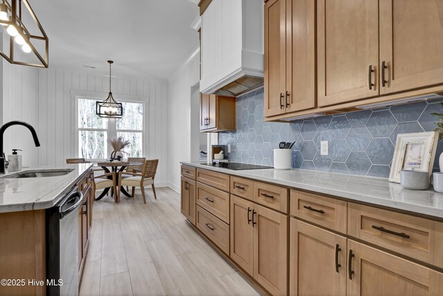 121 S Branch Rd, Wilmington, NC 28411 - kitchen with premium range hood, stainless steel dishwasher, light wood-type flooring, black electric cooktop, and tasteful backsplash