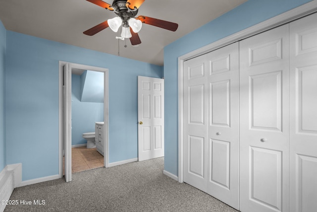 2544 Blake Trl, Wilmington, NC 28409 - unfurnished bedroom featuring carpet floors, a closet, ensuite bath, and a ceiling fan