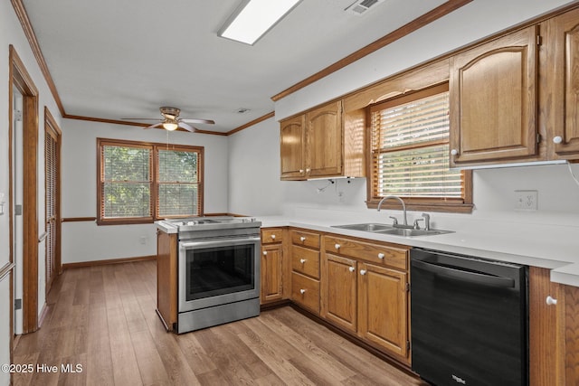 2544 Blake Trl, Wilmington, NC 28409 - kitchen with dishwasher, stainless steel electric stove, crown molding, ceiling fan, and light countertops