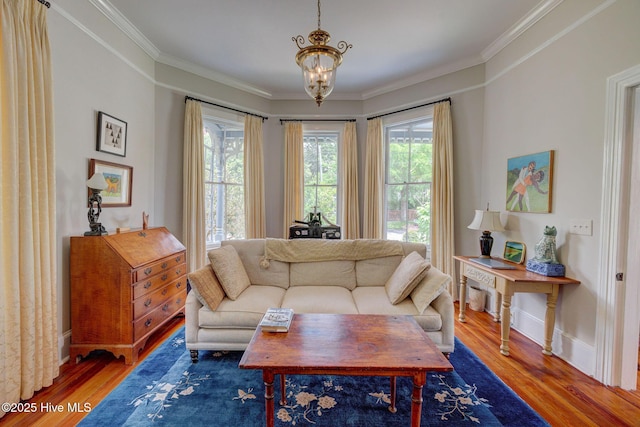 214 Nun St, Wilmington, NC 28401 - living room with crown molding, wood finished floors, and a chandelier