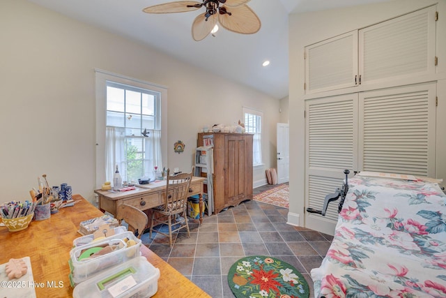 214 Nun St, Wilmington, NC 28401 - bedroom featuring a closet, high vaulted ceiling, ceiling fan, and recessed lighting