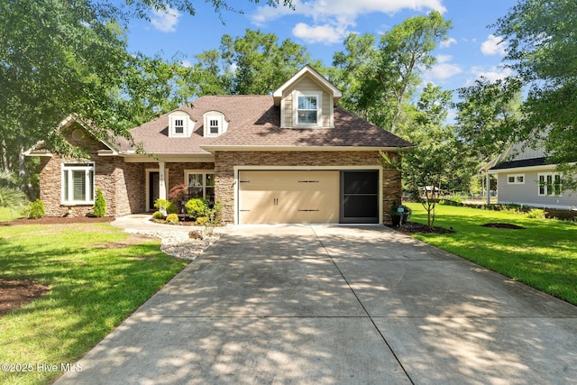 9134 Ocean Harbour Golf Club Rd SW, Calabash, NC 28467 - view of front of house with concrete driveway, stone siding, a front yard, a shingled roof, and a garage