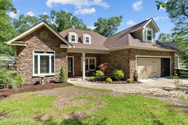 9134 Ocean Harbour Golf Club Rd SW, Calabash, NC 28467 - view of front of property featuring driveway, a garage, stone siding, covered porch, and roof with shingles