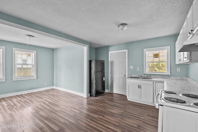 1306 Myrtle St, Greenville, NC 27834 - kitchen featuring freestanding refrigerator, light countertops, dark wood-style flooring, white cabinetry, and a textured ceiling