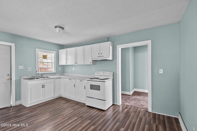 1306 Myrtle St, Greenville, NC 27834 - kitchen with white range with electric cooktop, under cabinet range hood, dark wood-style flooring, light countertops, and white cabinetry