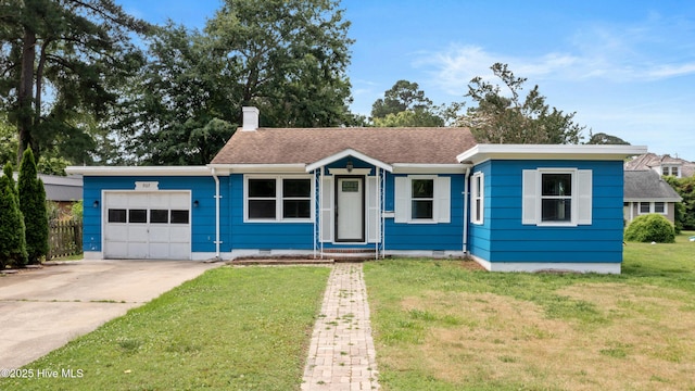 907 Woodruff Ave, Elizabeth City, NC 27909 - ranch-style house with a garage, concrete driveway, a front yard, a chimney, and crawl space