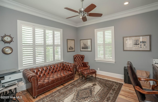 545 Gladstone Cir SW, Ocean Isle Beach, NC 28469 - office area featuring ceiling fan, crown molding, healthy amount of natural light, wood finished floors, and recessed lighting