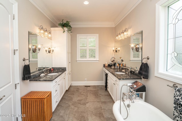 545 Gladstone Cir SW, Ocean Isle Beach, NC 28469 - full bathroom featuring a freestanding bath, vanity, and ornamental molding