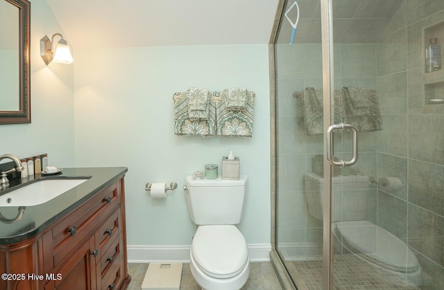 545 Gladstone Cir SW, Ocean Isle Beach, NC 28469 - bathroom featuring vanity, a shower stall, and tile patterned flooring