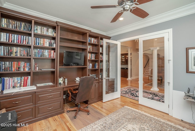 545 Gladstone Cir SW, Ocean Isle Beach, NC 28469 - office featuring ornamental molding, light wood finished floors, a ceiling fan, and ornate columns