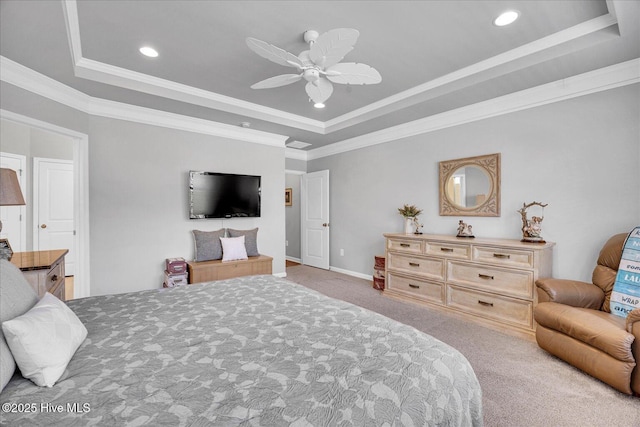 3236 Penzance Row, Wilmington, NC 28412 - carpeted bedroom with a tray ceiling, recessed lighting, ornamental molding, and a ceiling fan