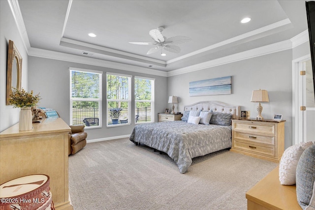 3236 Penzance Row, Wilmington, NC 28412 - bedroom featuring a raised ceiling, light carpet, ornamental molding, recessed lighting, and ceiling fan