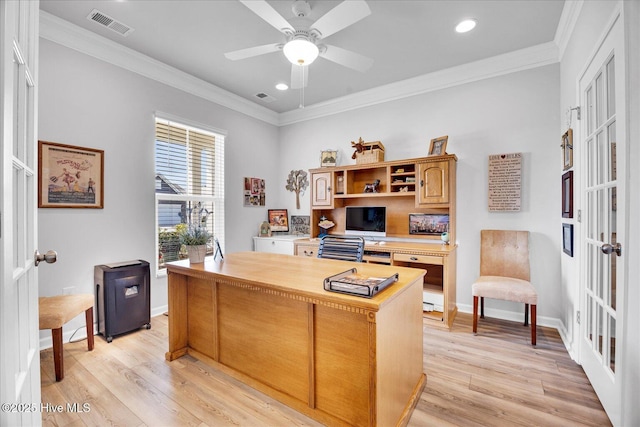 3236 Penzance Row, Wilmington, NC 28412 - office with crown molding, ceiling fan, light wood-style flooring, and recessed lighting