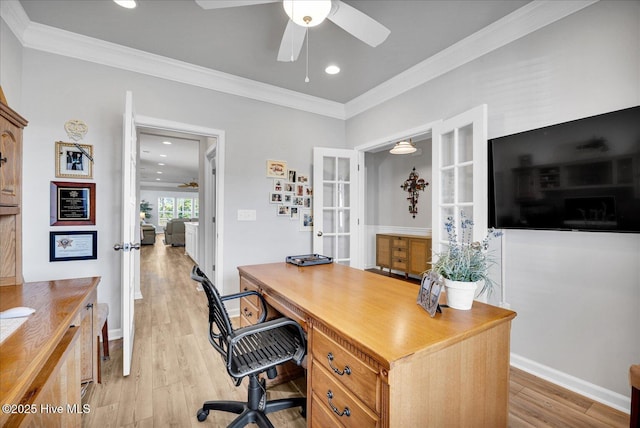 3236 Penzance Row, Wilmington, NC 28412 - home office with ceiling fan, french doors, light wood finished floors, crown molding, and recessed lighting