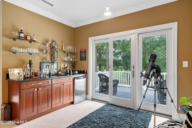 220 October Glory Dr, Wallace, NC 28466 - indoor wet bar with dishwasher, light carpet, and crown molding