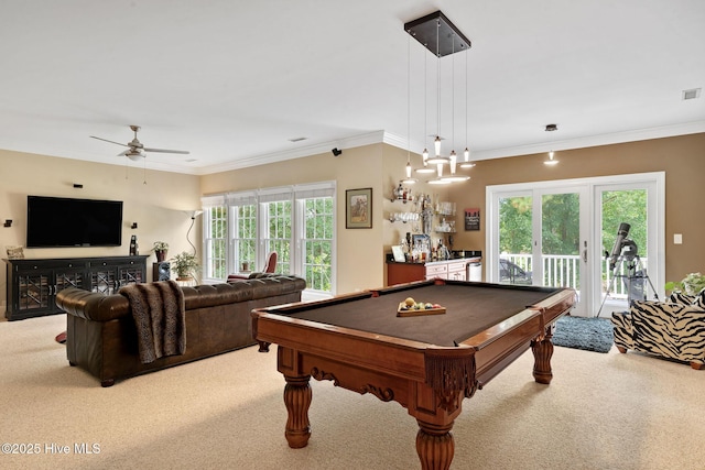 220 October Glory Dr, Wallace, NC 28466 - game room with light carpet, billiards, crown molding, and ceiling fan