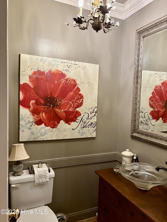 1009 Colleton Way, New Bern, NC 28562 - bathroom with crown molding, a chandelier, and vanity