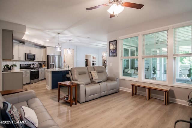 440 Bramble Ln, Clayton, NC 27527 - living area with ceiling fan, light wood-type flooring, and recessed lighting