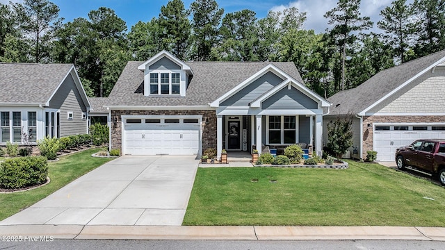 440 Bramble Ln, Clayton, NC 27527 - craftsman inspired home with a porch, a front yard, concrete driveway, and an attached garage