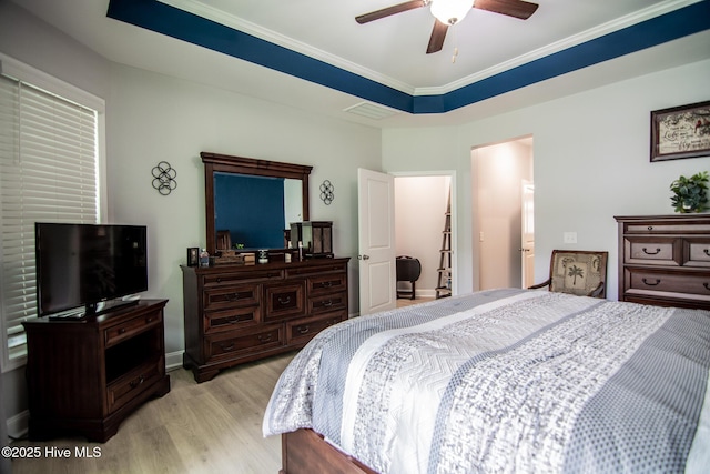 440 Bramble Ln, Clayton, NC 27527 - bedroom featuring light wood-style flooring, crown molding, and a ceiling fan