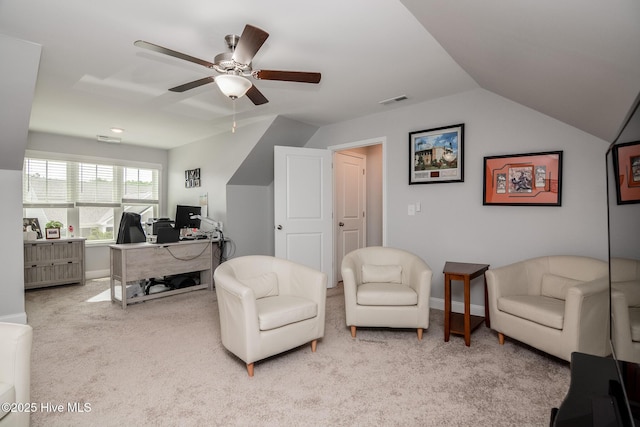 440 Bramble Ln, Clayton, NC 27527 - carpeted home office featuring a ceiling fan and vaulted ceiling