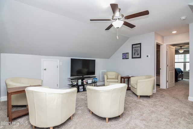 440 Bramble Ln, Clayton, NC 27527 - living room with ceiling fan, light colored carpet, and lofted ceiling