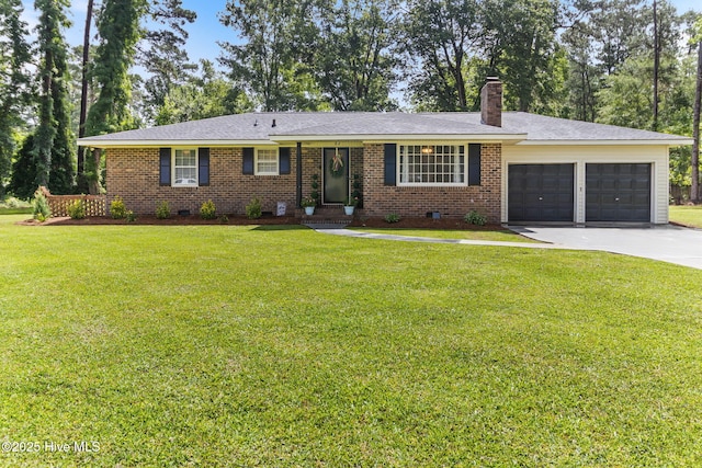 84 White Pine Rd, Lake Waccamaw, NC 28450 - single story home with crawl space, a garage, a chimney, driveway, and a front lawn