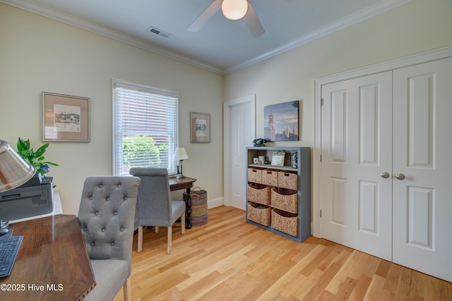 4929 Lake Renaissance Cir, Wilmington, NC 28409 - office space with ceiling fan, crown molding, and light wood-type flooring