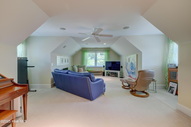 4929 Lake Renaissance Cir, Wilmington, NC 28409 - living area featuring carpet floors, a ceiling fan, and lofted ceiling