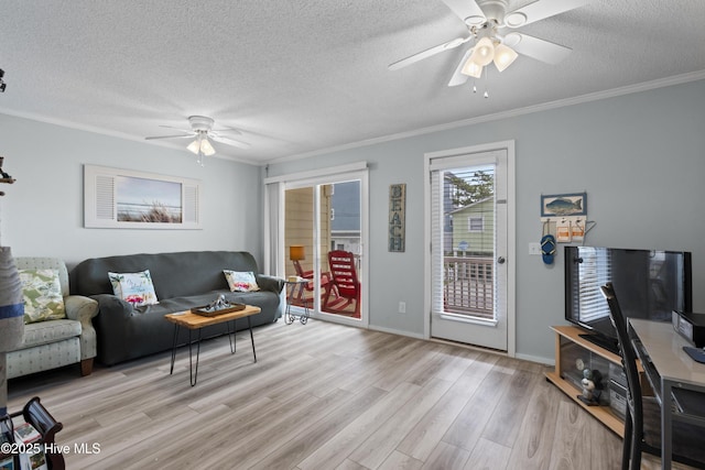 1004 Carolina Beach Ave S Unit A4, Carolina Beach, NC 28428 - living room with ceiling fan, a textured ceiling, light wood finished floors, and crown molding