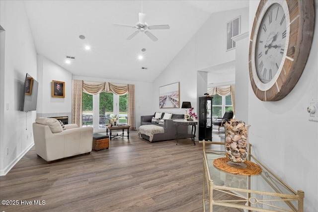 1610 Winding Way SW, Ocean Isle Beach, NC 28469 - living area with wood finished floors, a ceiling fan, high vaulted ceiling, and recessed lighting