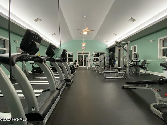188 Edgewater Cir, Sunset Beach, NC 28468 - gym featuring lofted ceiling and a ceiling fan