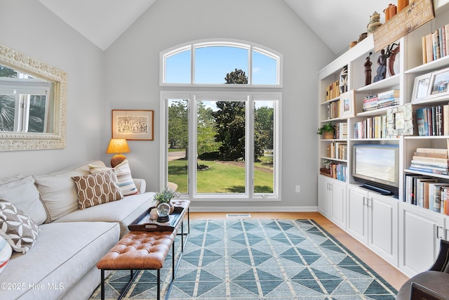 188 Edgewater Cir, Sunset Beach, NC 28468 - living room featuring high vaulted ceiling